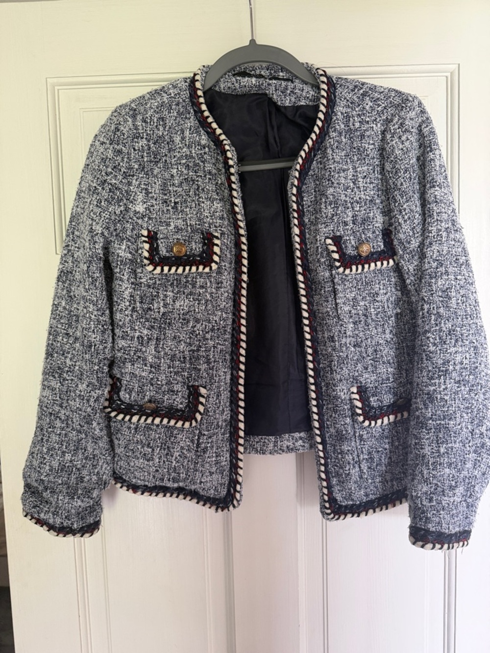 Zara Black & White Tweed Open-Front Blazer with Trim